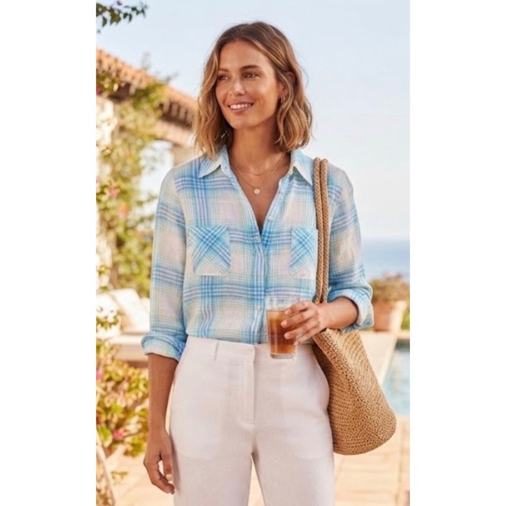Lilly Pulitzer Women Blue White Plaid 100% Linen Button Down Shirt Size S